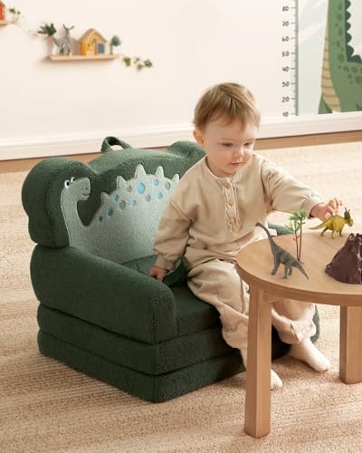 Kids Couch, 2-in-1 Soft Toddler Couch Fold Out, Toddler Dark Green Dinosaur