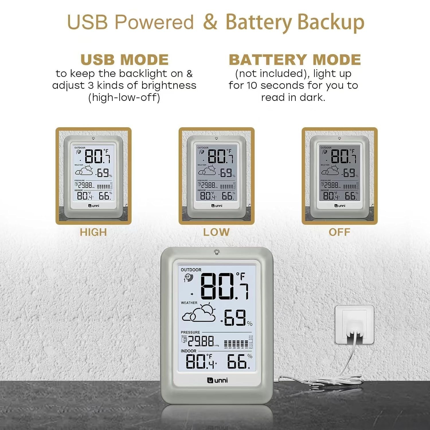 Wireless Weather Station with 330ft Range Sensor and Adjustable Backlight White