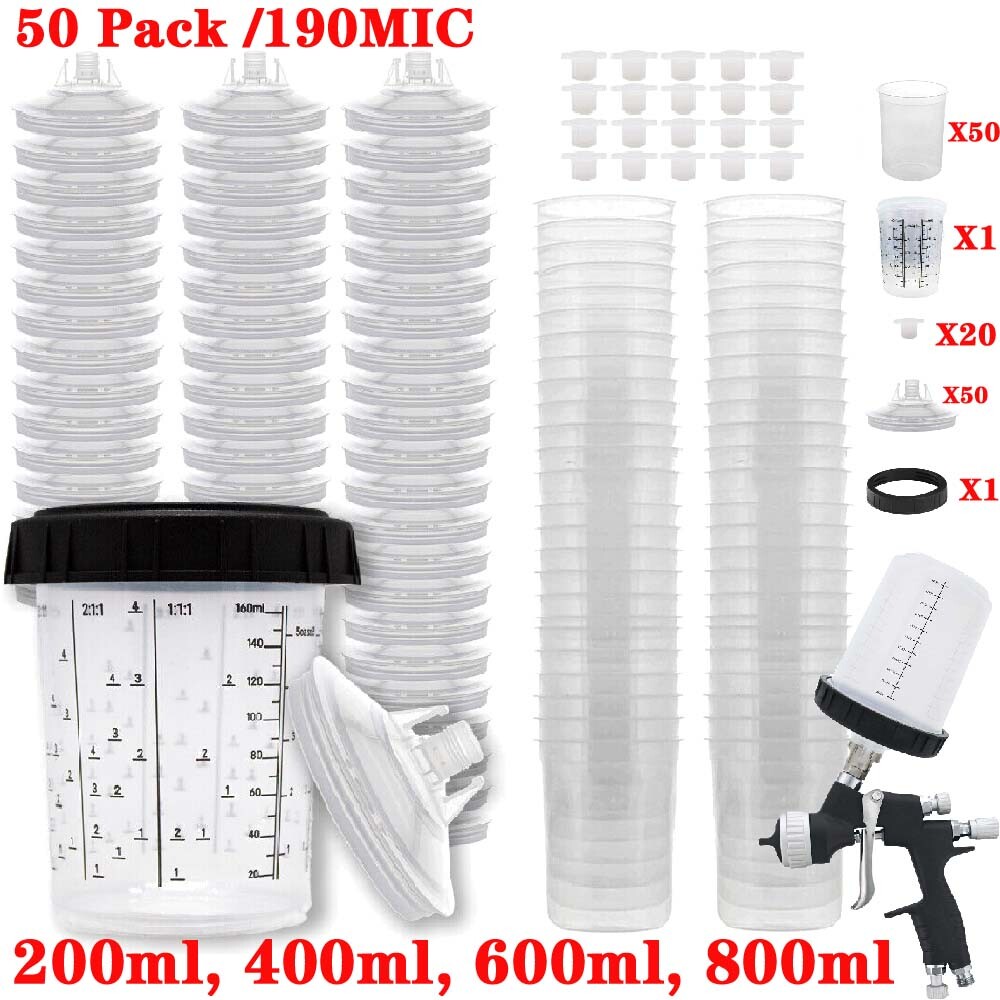 CUPS Disposable Paint Spray Gun Cup Liners and Lid System (190 Mic) 50pack