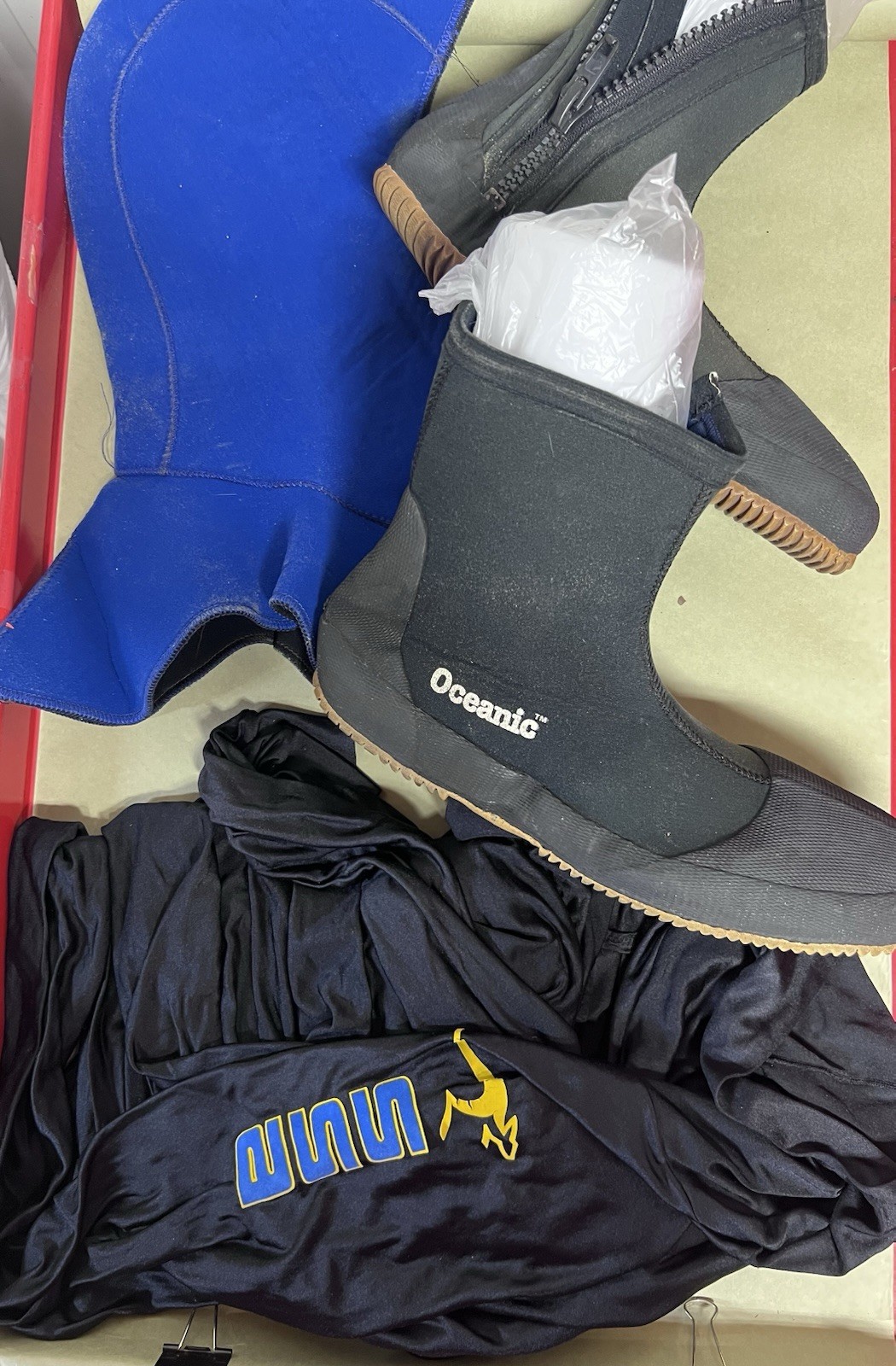 snorkel / scuba diving equipment used skin, shoes ,and hood XL