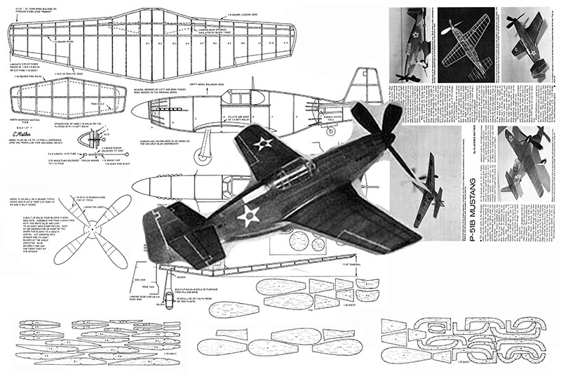 Model Airplane Plans (FF): WWII P-51B Mustang 1/24 Scale 18½" Rubber Power