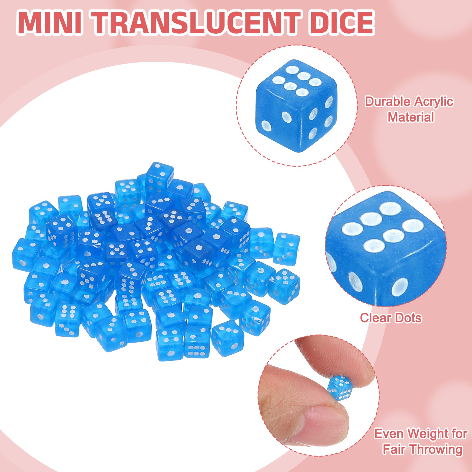 100Pcs Translucent Polyhedral Dice 5mm 6 Sided Square Corner Dice, Blue
