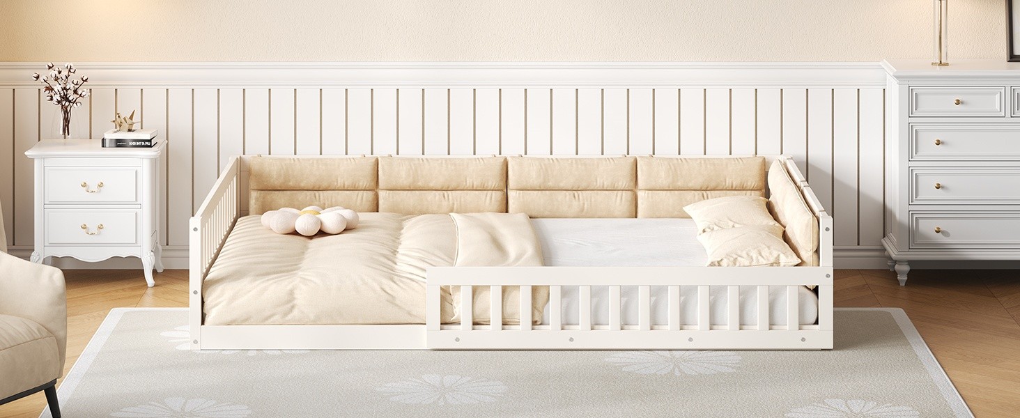 Full Size Upholstered Platform Bed with Guardrail & Pillow, Beige