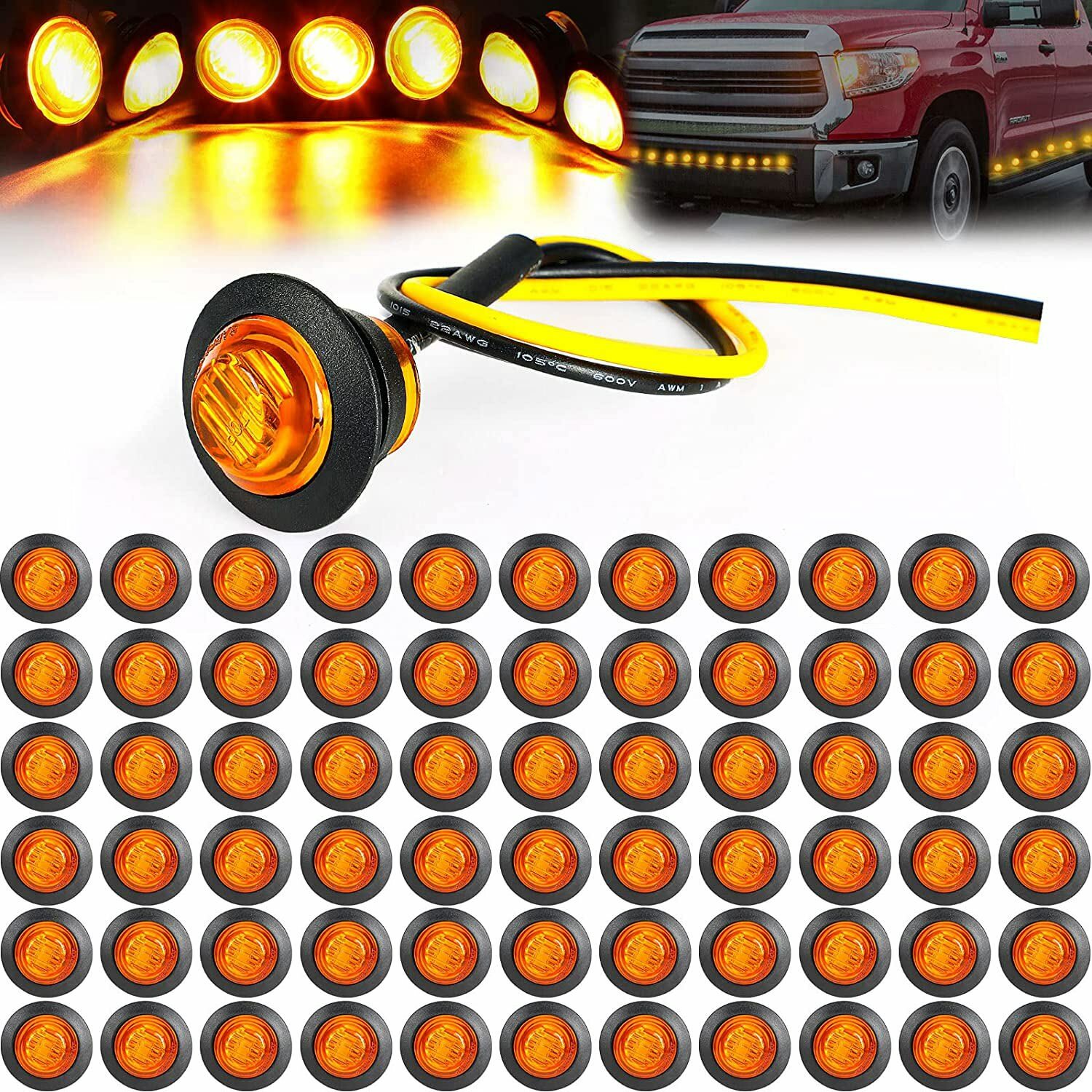 50PCS Amber  3/4" Side Marker Lights Round LED Bullet Clearance Truck Trailer RV