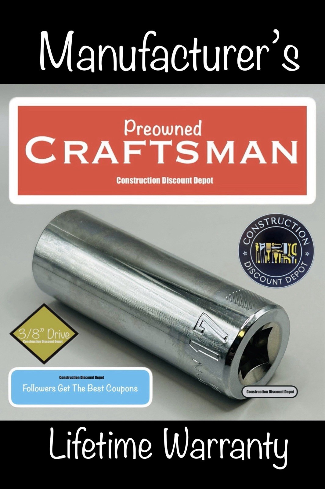 USED Craftsman 6 Pt 3/8" Drive Chrome Deep 17 MM " Socket CMMT44434 17mm