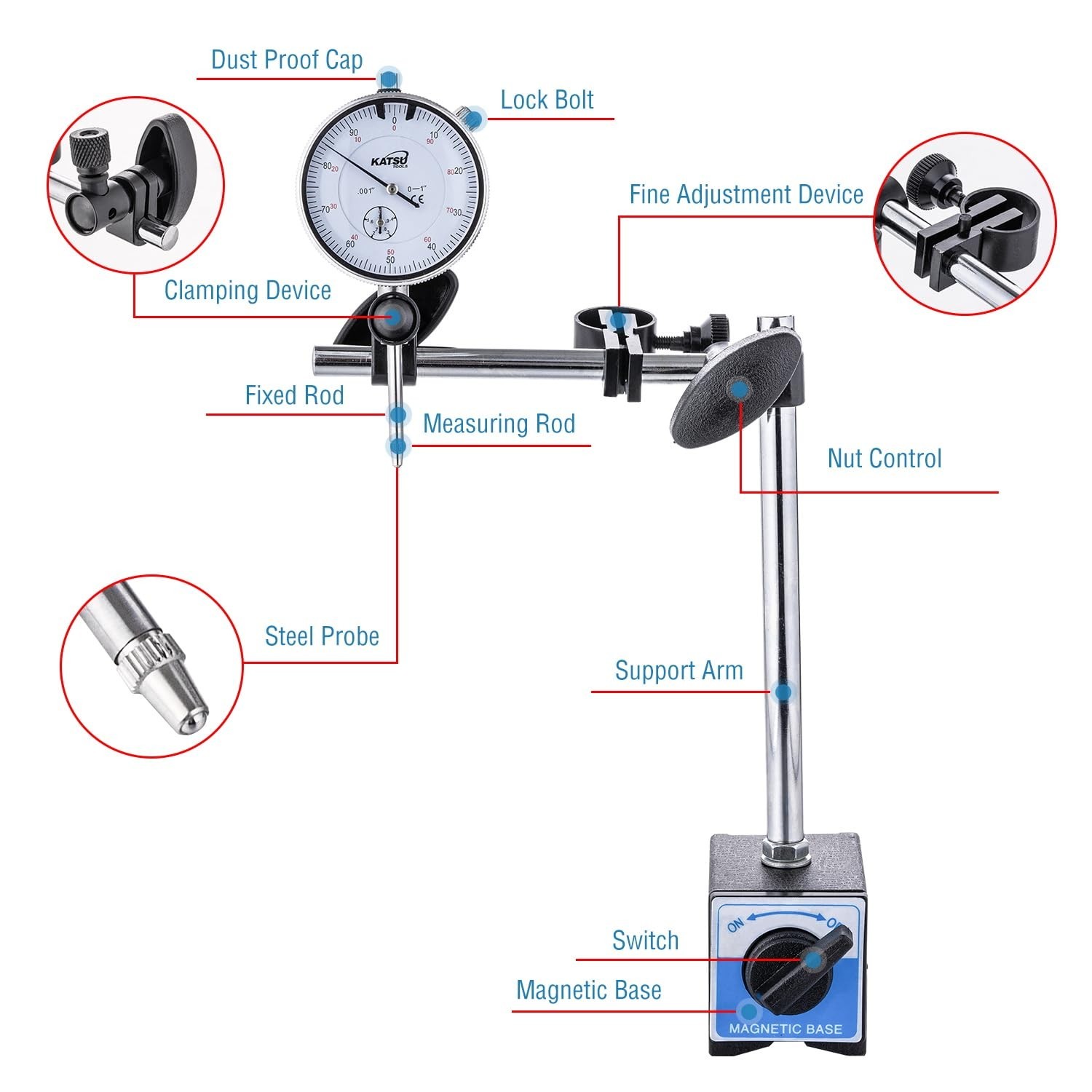 Versatile 0-1.0” Dial Indicator with Strong Magnetic Base for Engineering Use