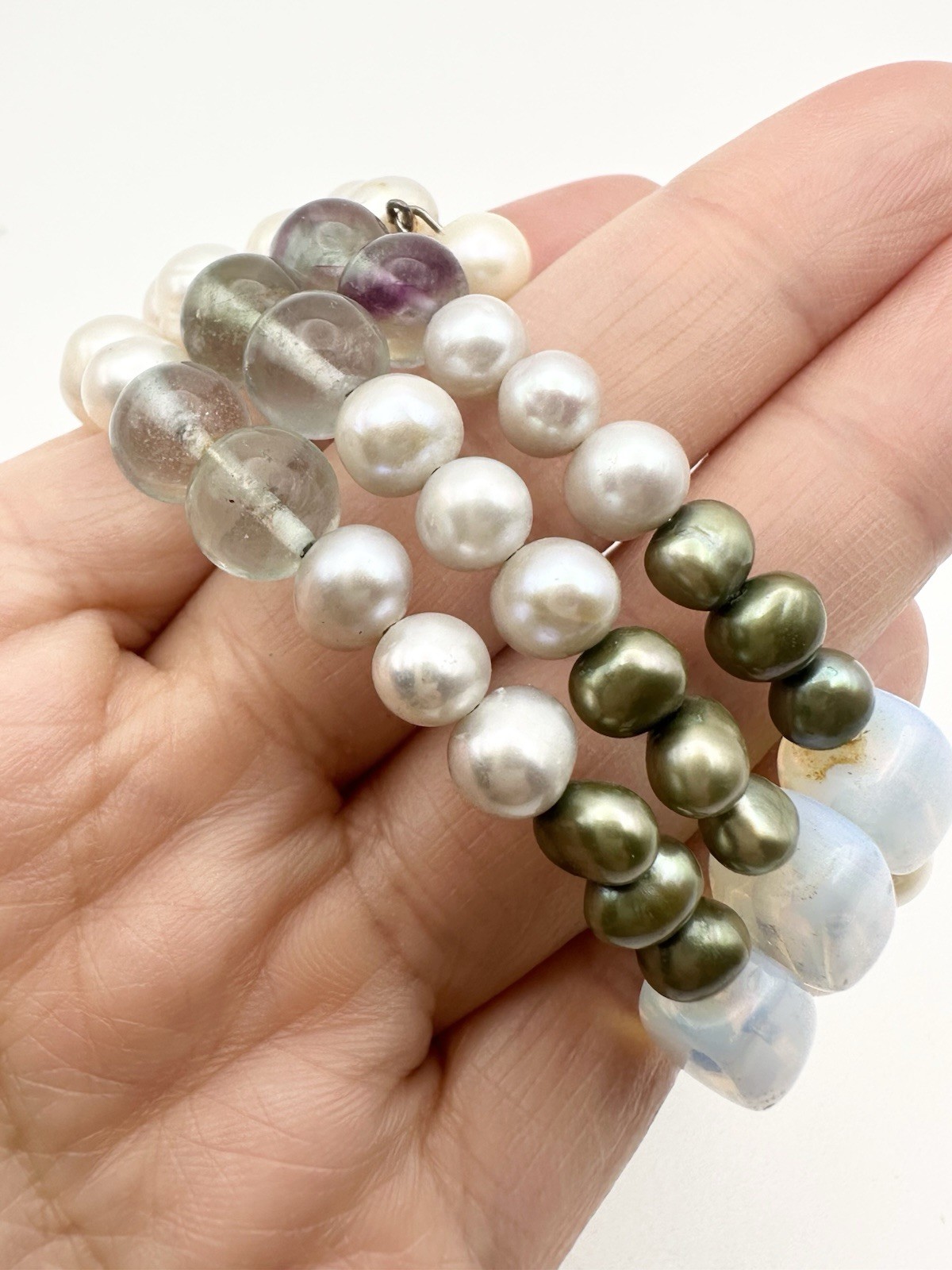 Freshwater Pearl Opalite Fluorite Wire Bracelet