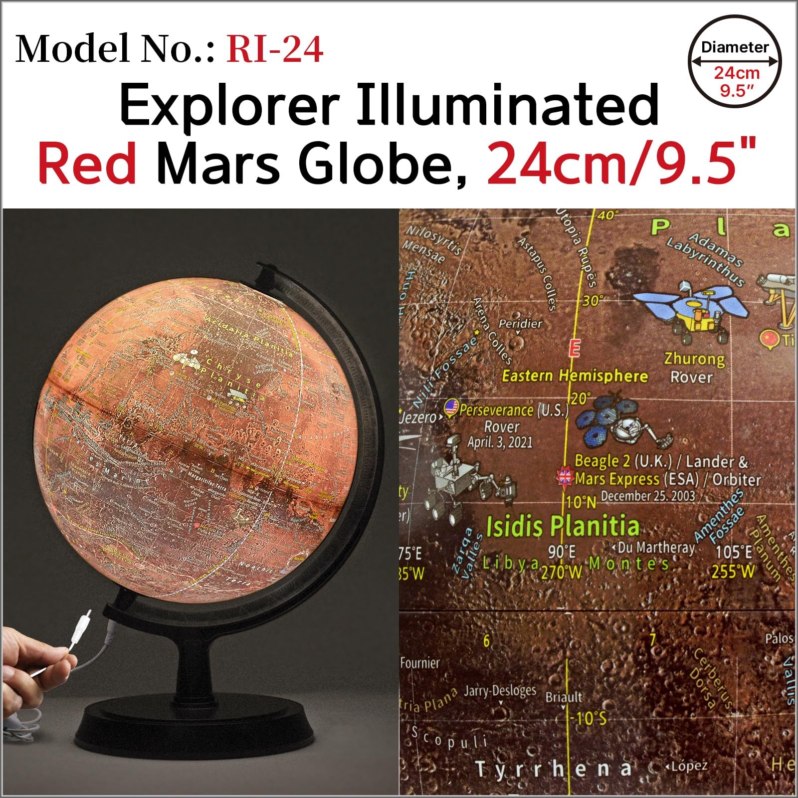 Mapsoft Explorer Illuminated Red Mars Globe, 24cm/9.5", RI-24, Mars Map, Mars...