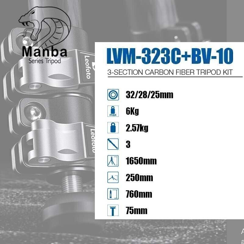 Leofoto LVM-323C+BV-10 Carbon Fiber Video Tripod Kit with 75mm Bowl