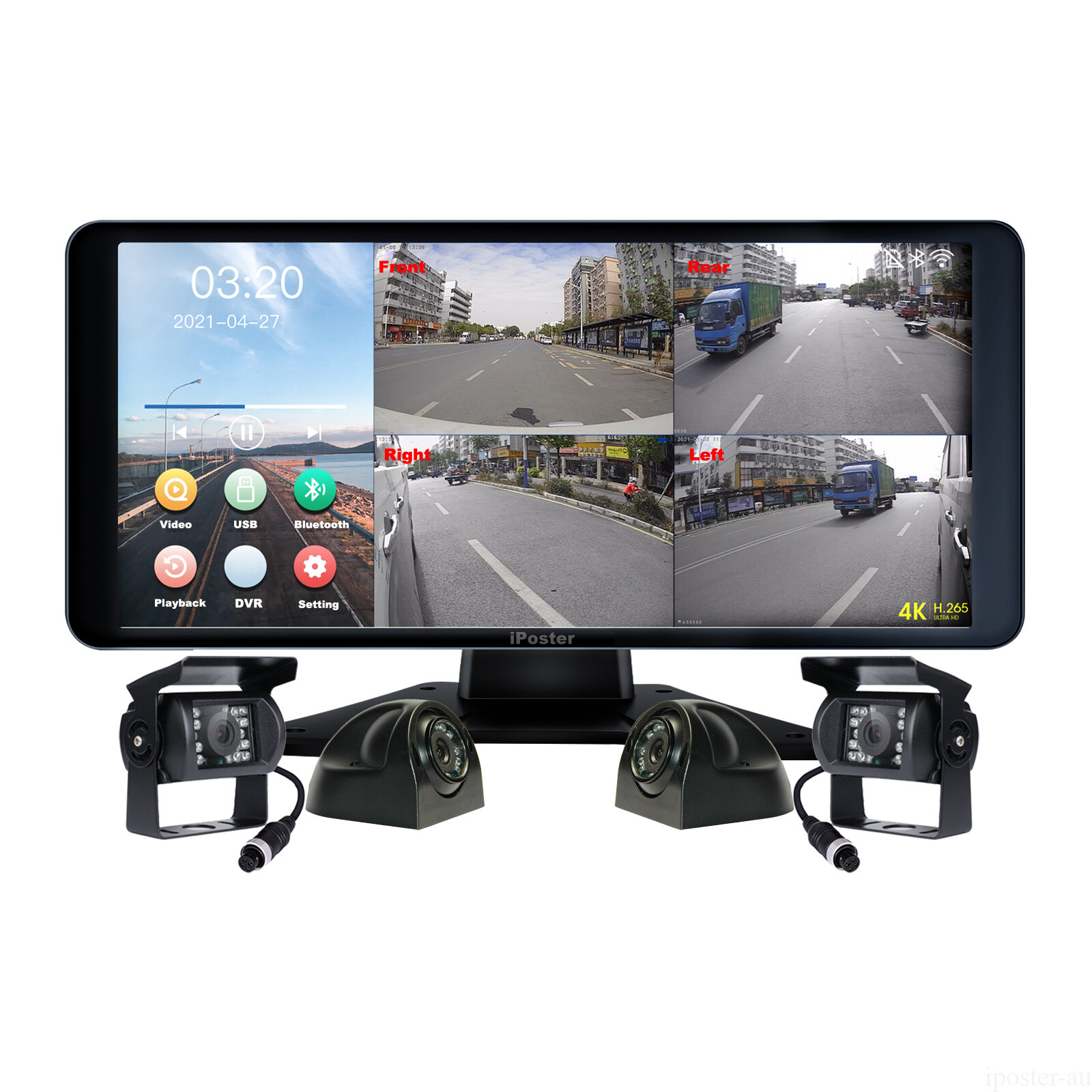 iPoster 10.36" Touch Screen Quad Monitor DVR Bluetooth 4x 1080P HD Backup Camera