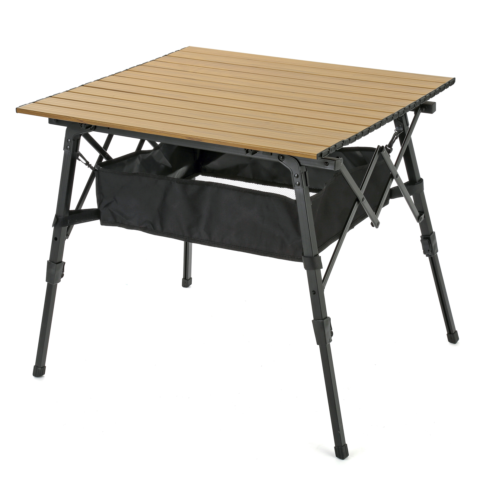 39" Folding Roll Up Aluminum Camp Table w/ Adjustable Height Mesh Storage Beige