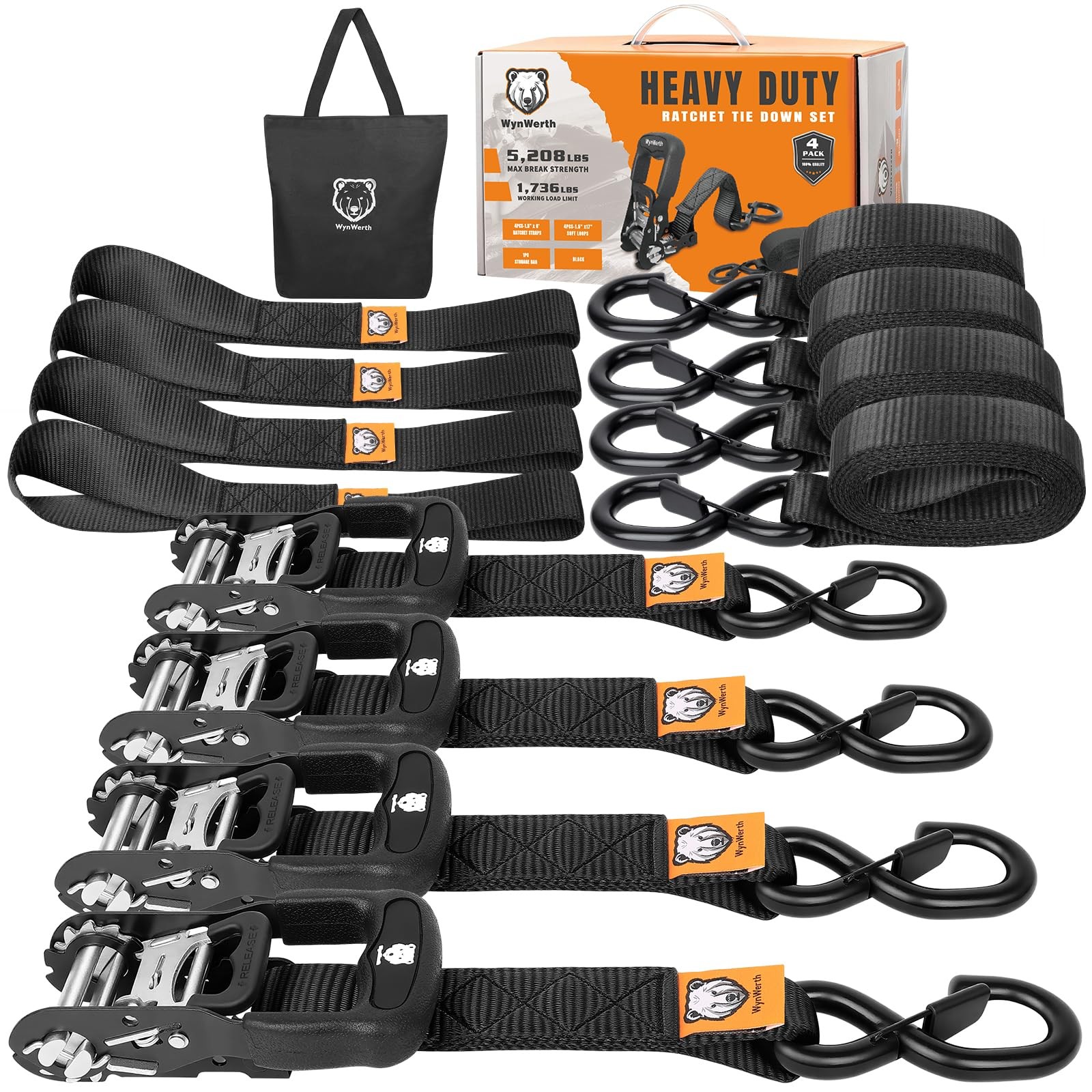 4 Pack Ratchet Straps,Heavy Duty Powersports 1.5in x 8ft, Black, 8', 4Pack