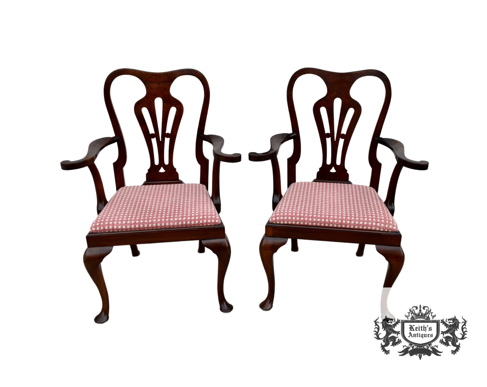 Antique Pair of Solid Mahogany & Burl Wood Queen Anne Arm Chairs