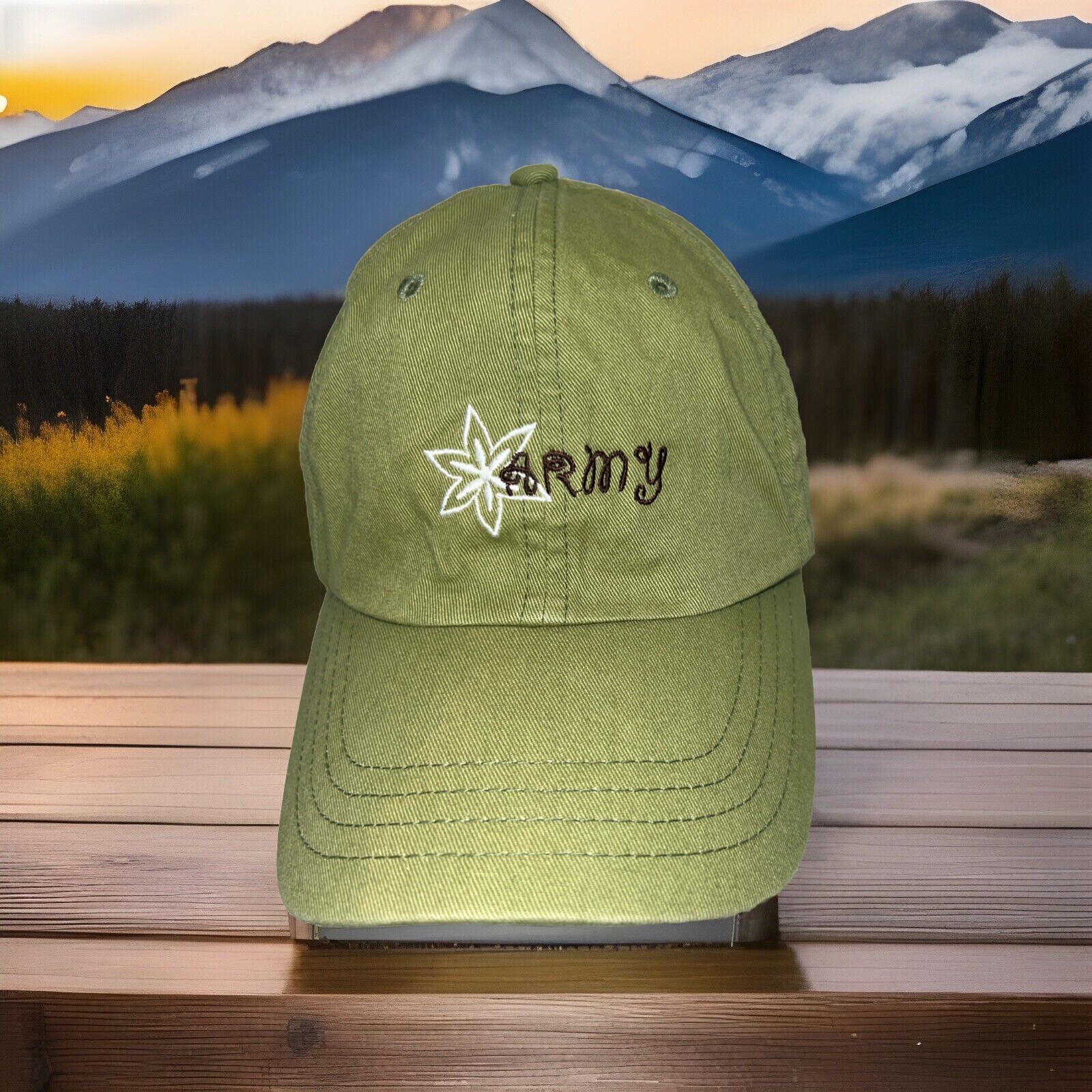 Green Script Army W White Flower Hat Cap Strap Buckle Cotton Unbranded