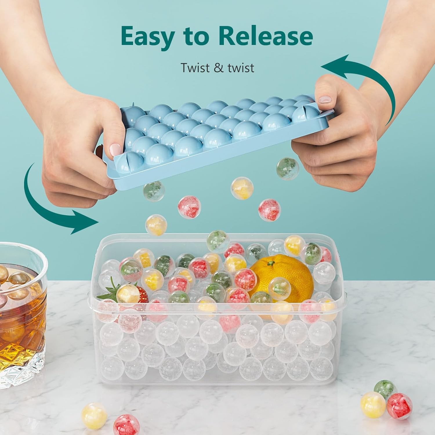 Optish 3 Pack Round Ice Cube Trays with Lid Bin Blue