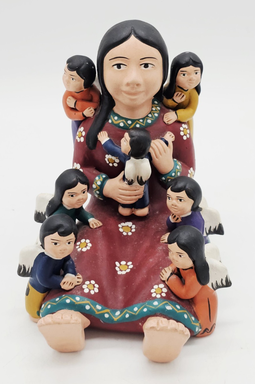 Vintage Pottery Storyteller Woman & 7 Children Angels Folk Art Hand Crafted Peru
