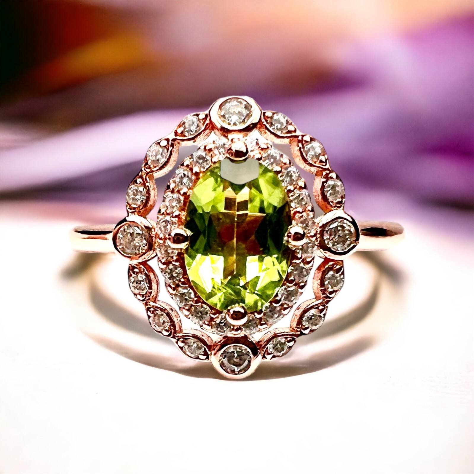 Natural Peridot Ring Rose Gold Vermeil , August birthstone , Victorian  Handmade