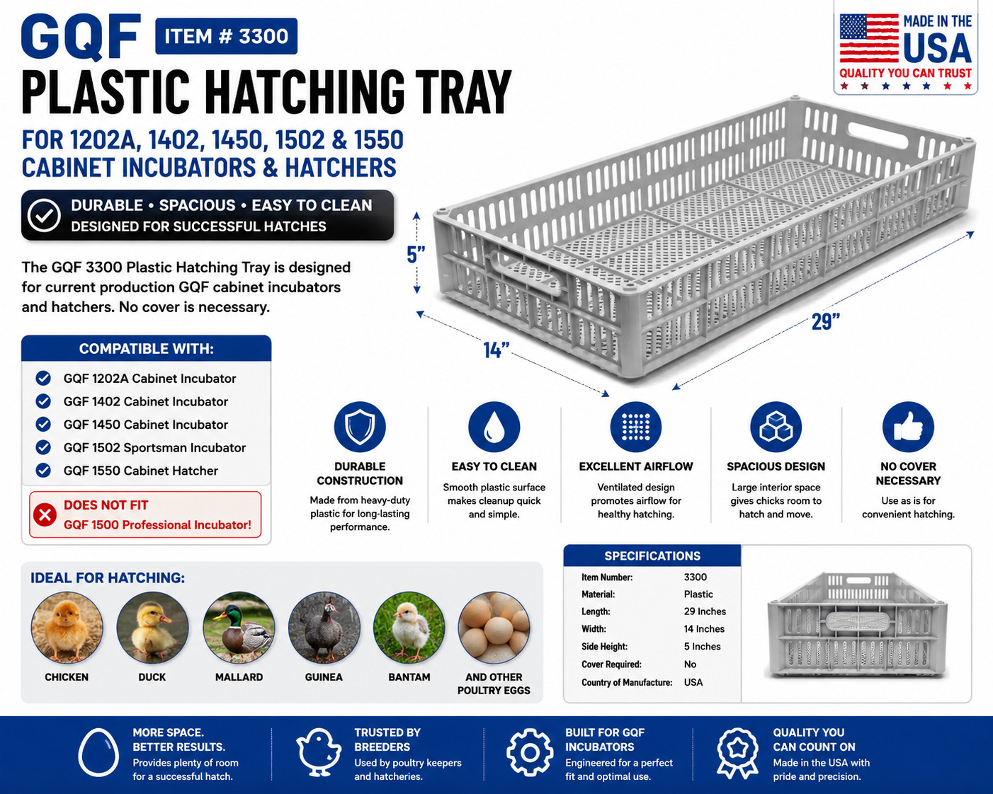 GQF 3300 Plastic Hatching Tray for 1502 1550 Cabinet Incubator Hatcher