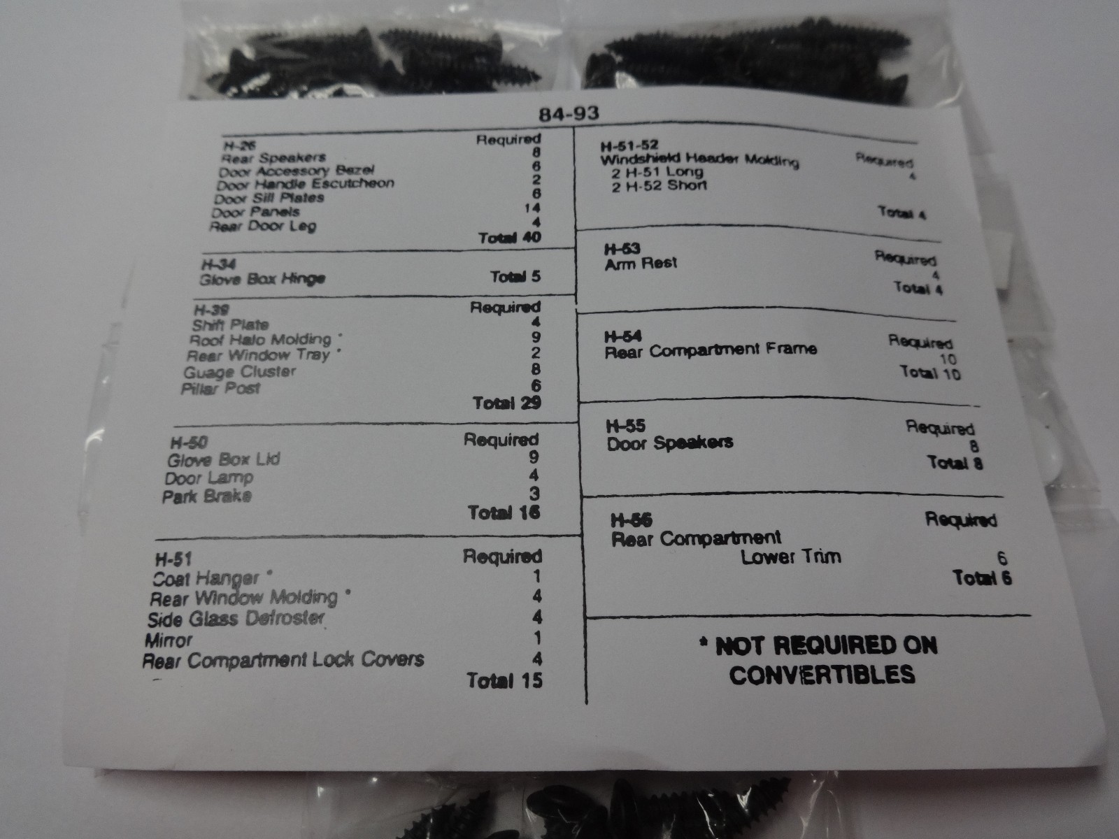 1984-1993 C4 CORVETTE INTERIOR SCREW KIT