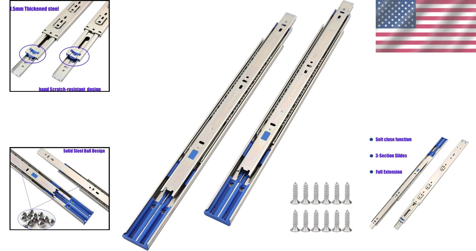 Heavy Duty 22'' Soft Close Drawer Slides - Full Extension with 10 Pairs Included