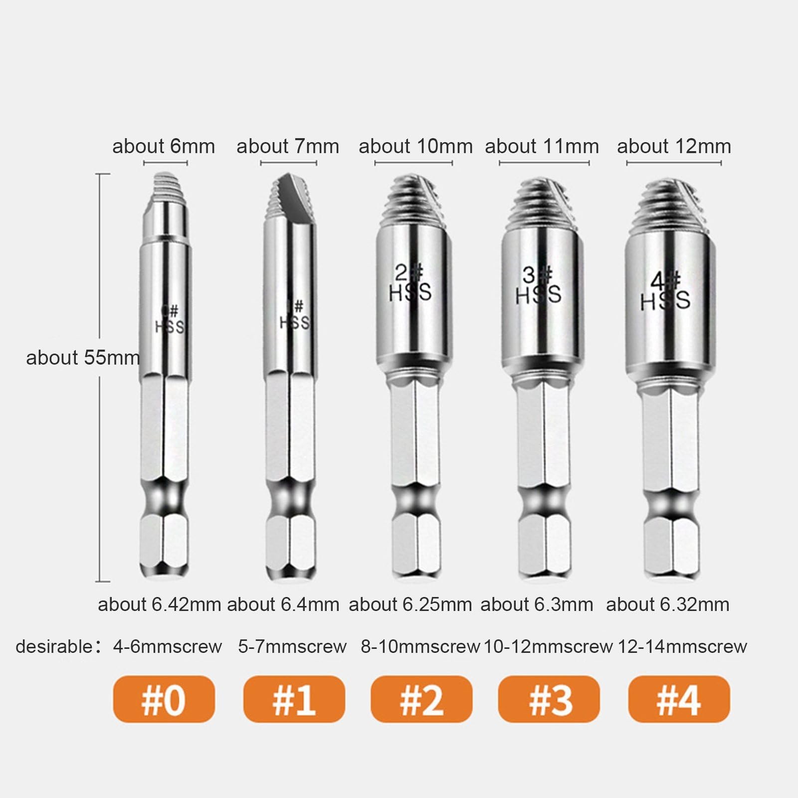 6 PCS Hex Shank Broken Screw Extractor Kit Reverse Thread Remover 4mm14mm