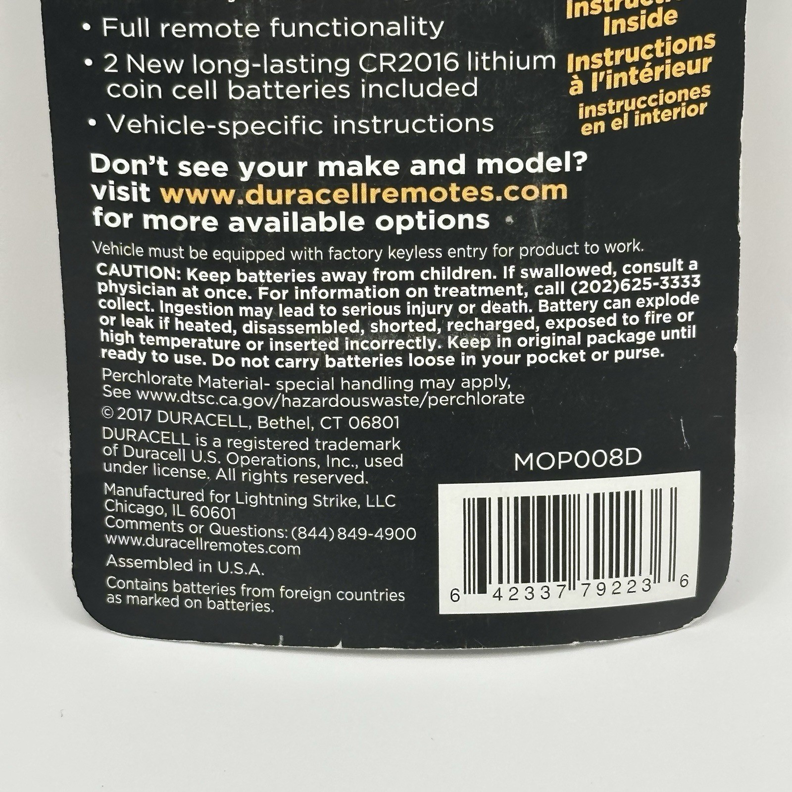 New Duracell Keyless Entry Full Function Remote MOP008D New