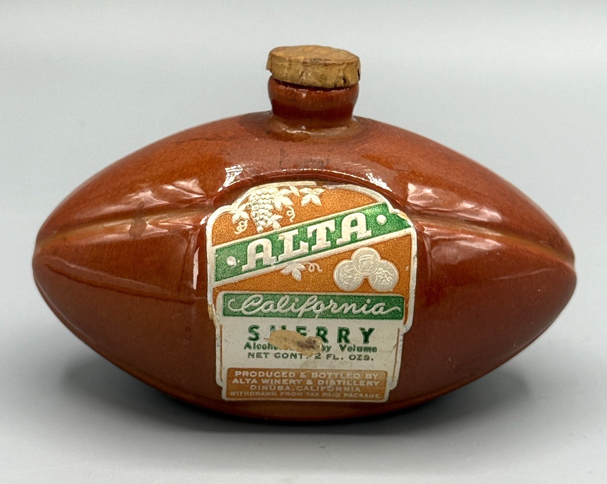 Vintage Alta Sherry Wine UHL pottery mini football decanter bottle 1930s CA 2oz