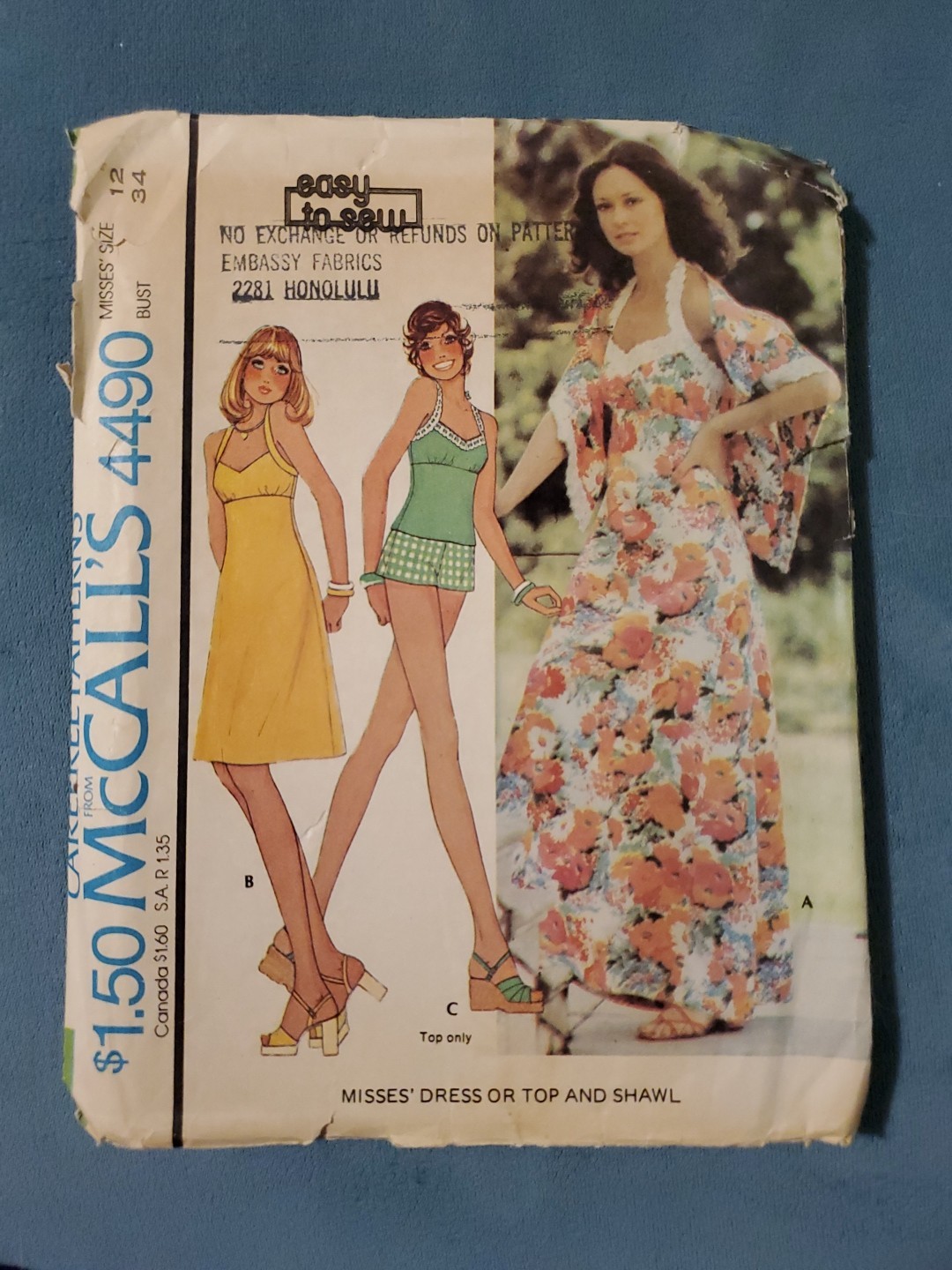 70’s McCall’s 4490 Misses Dress Top & Shawl Sewing Pattern Sz 12 B34 UNCUT FF