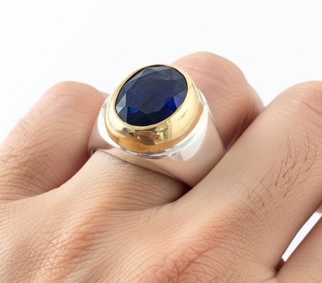 Solid 925 Silver Natural Blue Sapphire Ring Vintage Men's Jewelry Birthday Gift