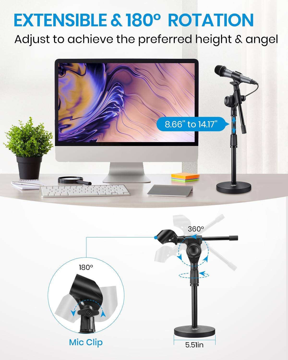 Moukey Mic Stand Desk Adjustable Tabletop Microphone Stand with Non-Slip Mic Cli
