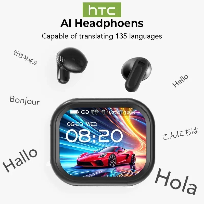 HTC NE20 Bluetooth 6.0 Earphones AI Translator Wireless Earbuds LCD Touch Sport
