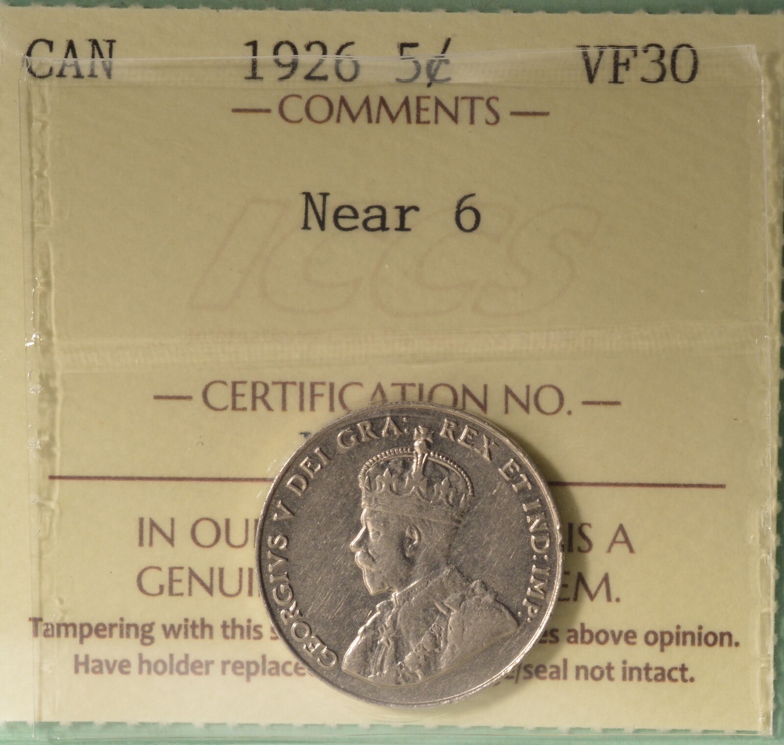 1926 - Canada Five Cents  -  Graded - ICCS - VF-30  SERIAL #XXD 758