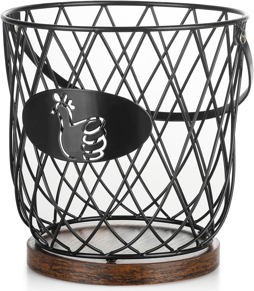 Round Egg Basket for Gathering Fresh Eggs, Metal | Non-Slip Wooden Base, K-Cup O