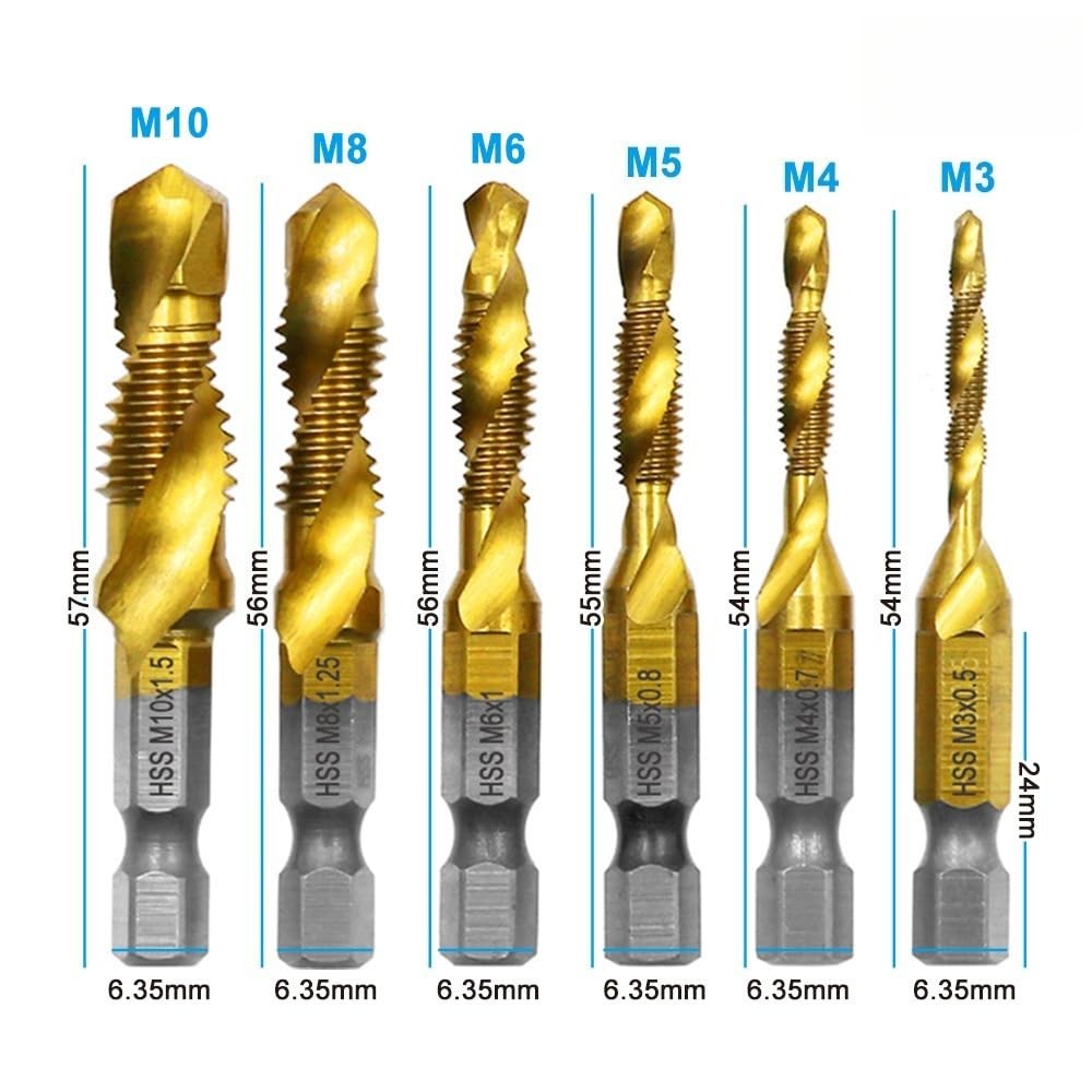 6 PCS Combination Drill and Tap Set, Professional HSS Titanium Thread Tap Dri...