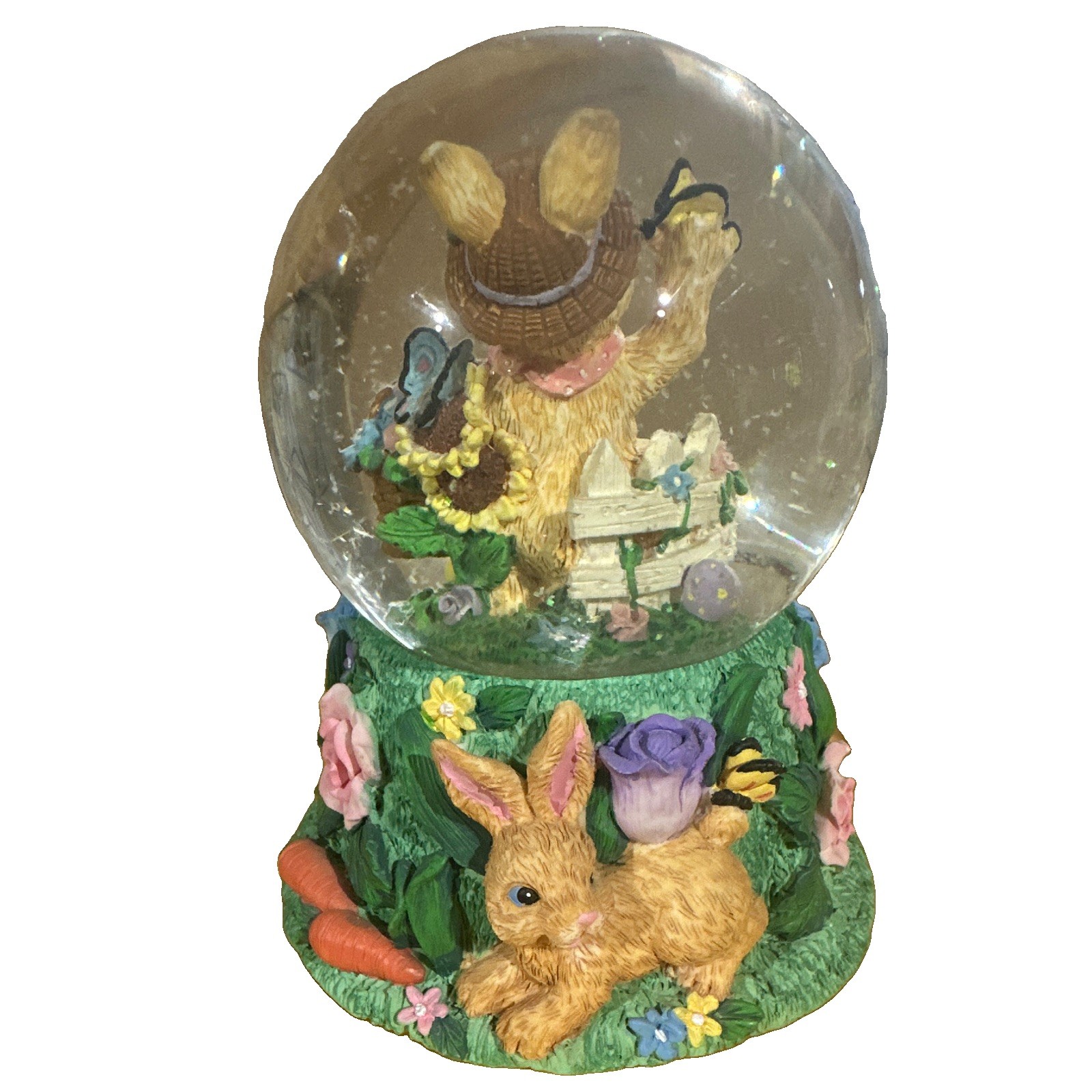 Easter Bunny Rabbit Floral Snow Globe, Multicolor Glass Round 3D Effect