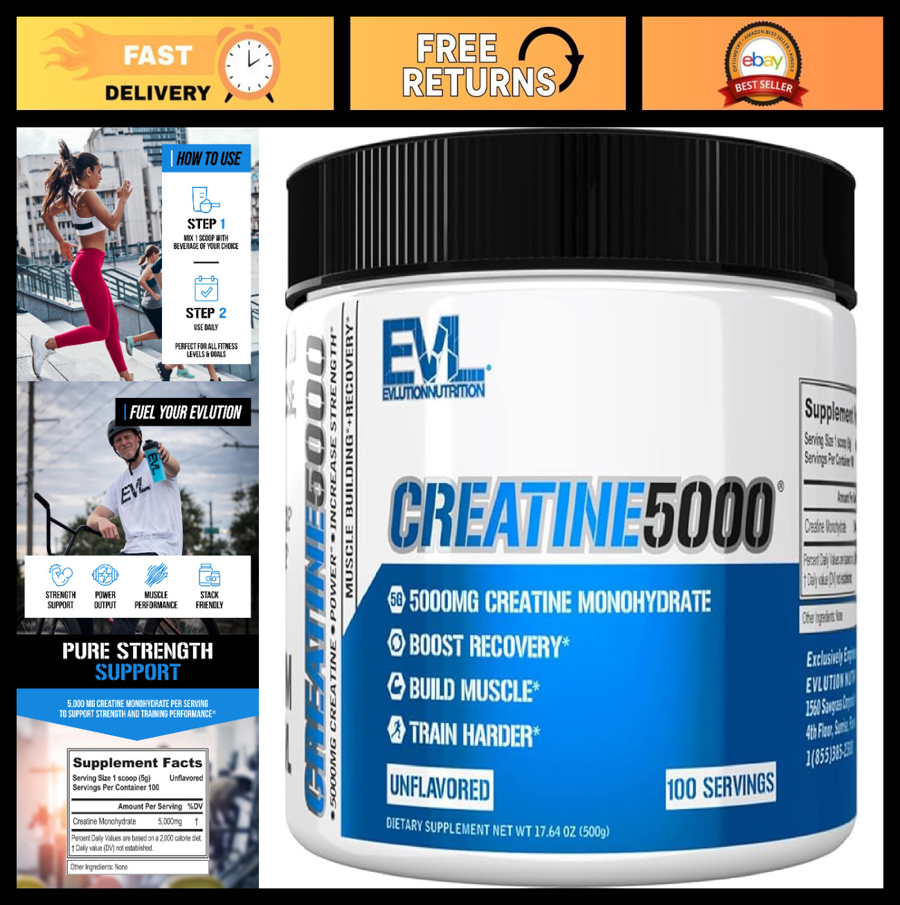 5000mg Pure Creatine Monohydrate Powder - 100 Servings - Unflavored, Boosts Reco