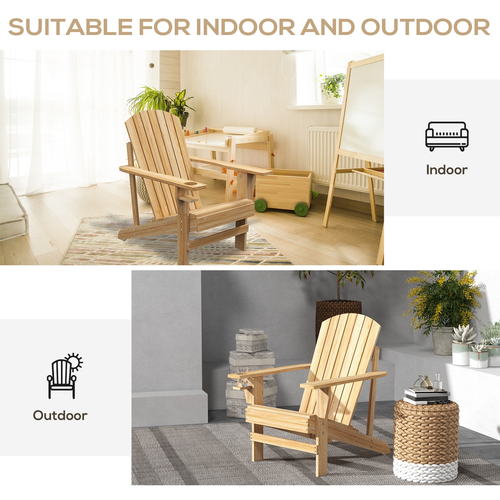 Wood Adirondack Chair, Wooden Outdoor & Patio Seating for Fire Pit, Natural