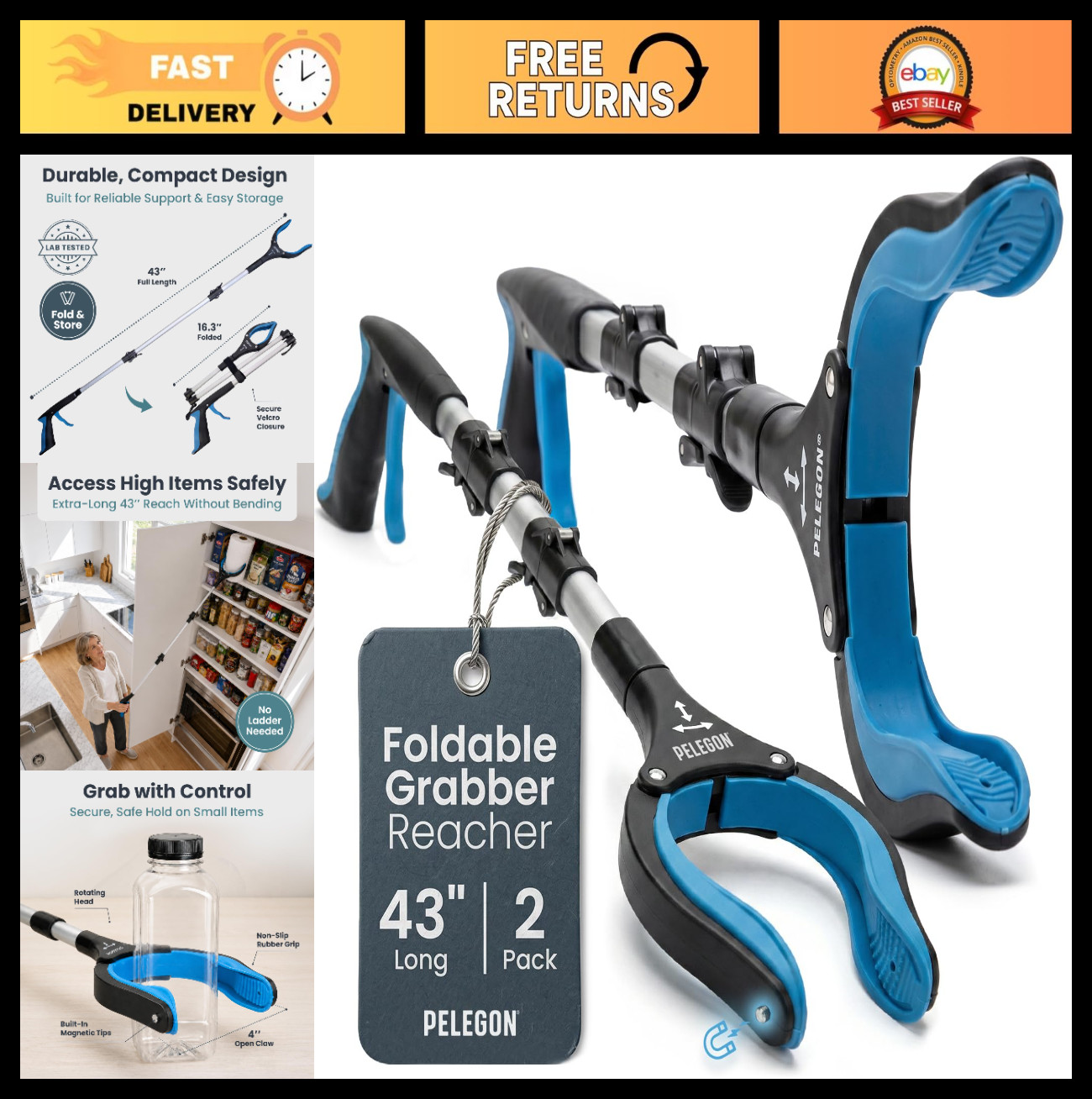 Heavy Duty 43" Grabber Reacher Tool for Seniors, Foldable, 90° Rotating Head, Ma