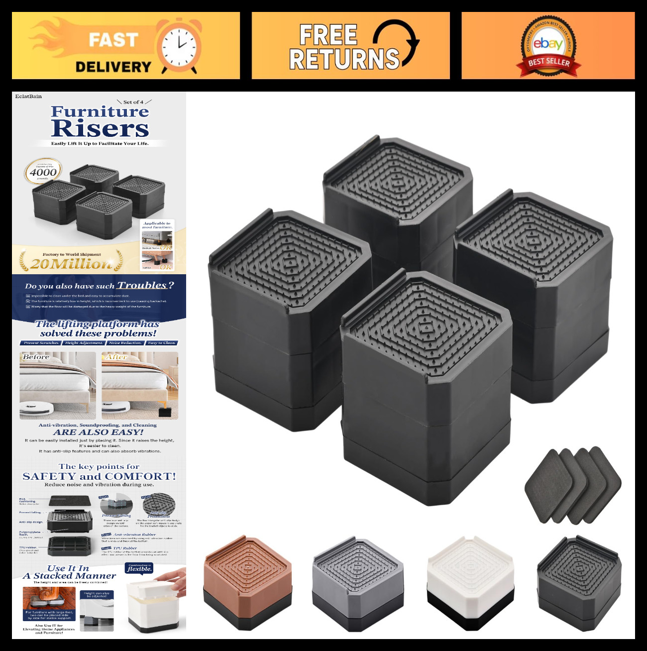 Heavy-Duty Bed Risers - Adjustable Furniture Lifts 3" & 4.3" for Sofa, Desk, Cha