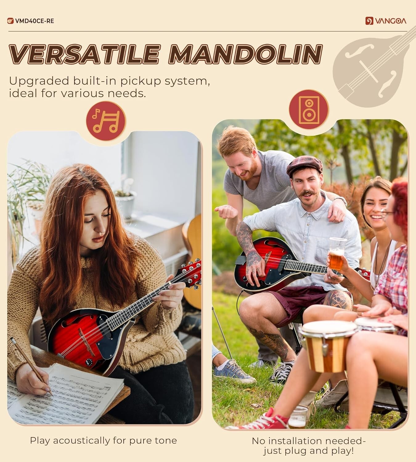 Professional Grade 8-String Mandolin - Comfortable Playing & Stunning Red Burst