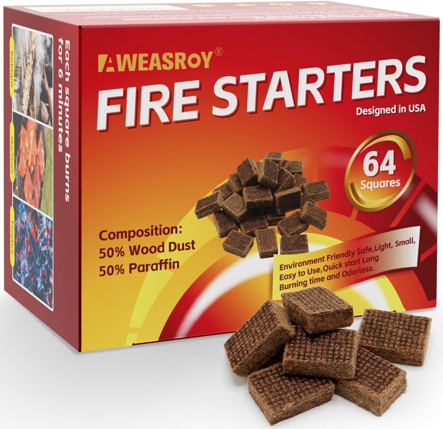 64 Safe Fire Starter Blocks - Easy, Odorless Fire Ignition for Fireplace & Grill