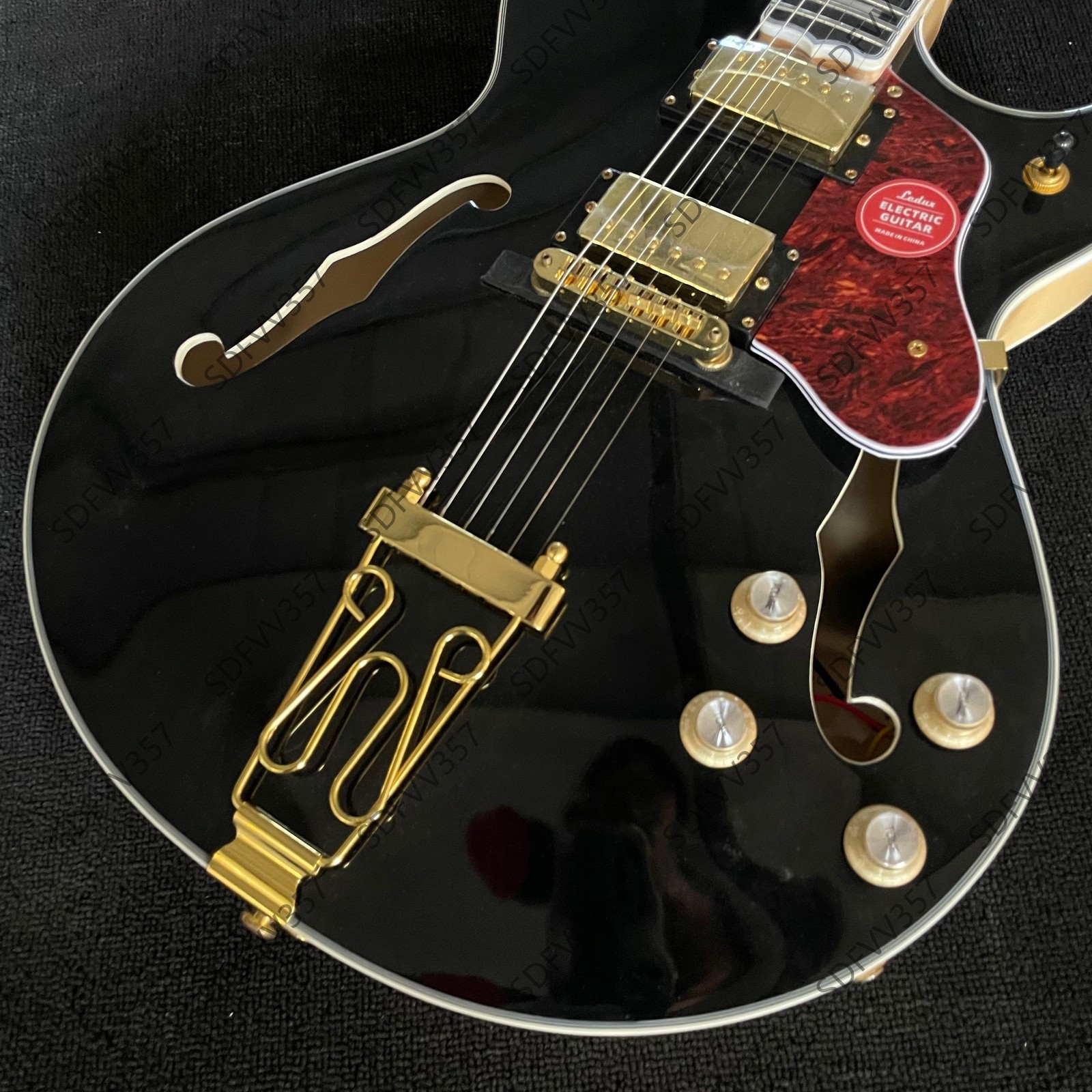 Black Semi Hollow Jazz Guitar Dual Humbucker Gold Hardware Stainless Frets