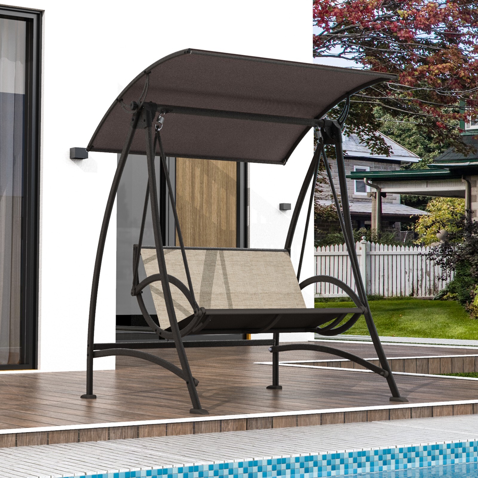 Domi Porch Patio Swing w/Adjustable Canopy, 2-seat Swing with Stand w/Armrests