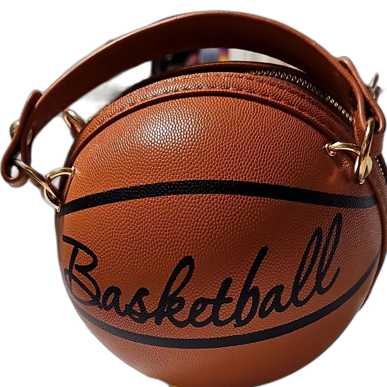 Basketball Shaped Top Handle Bag Brown with Zipper Accent