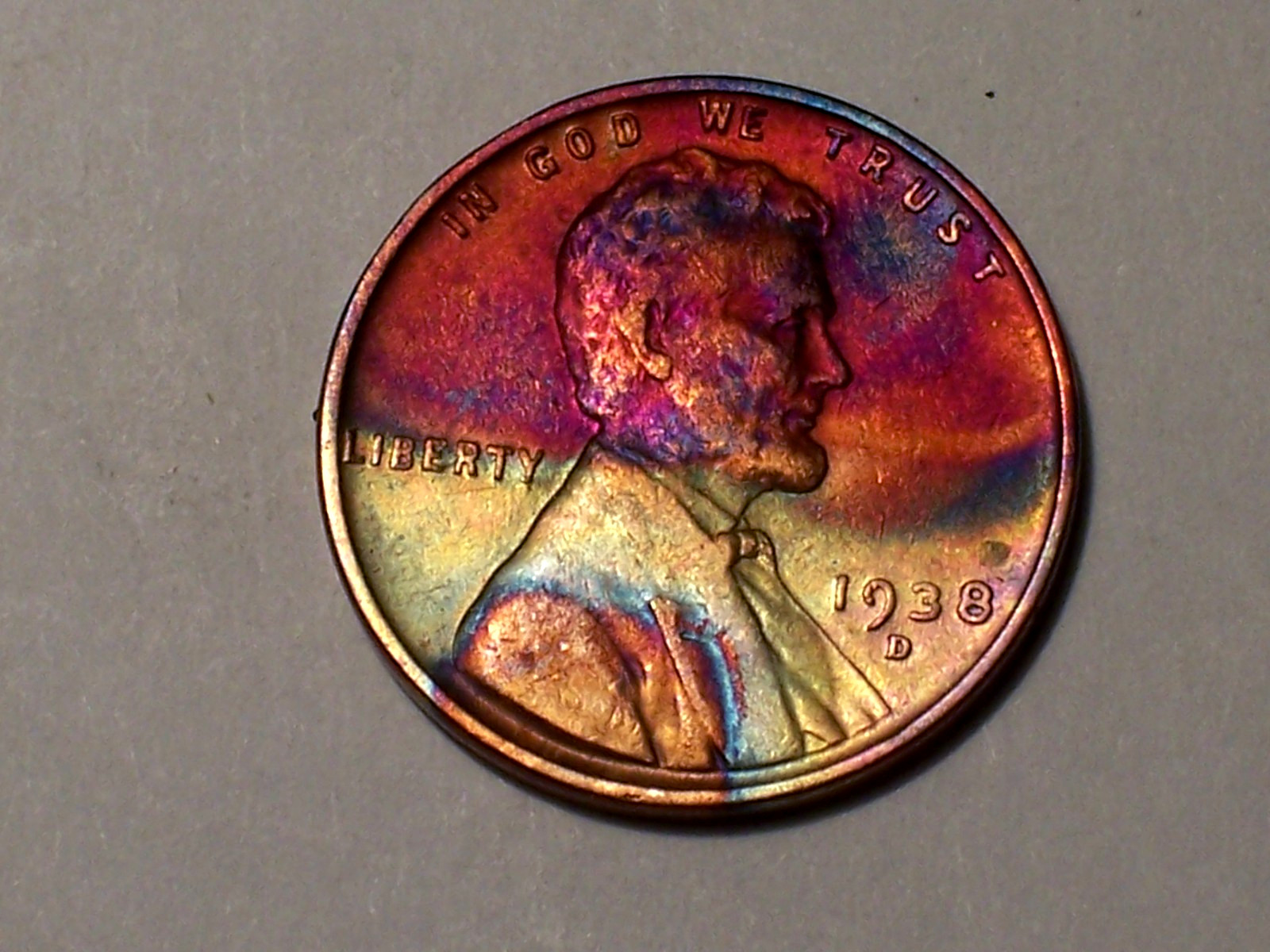 1938-D  @   Beautiful "  Red sky hue toned Lincoln penny. *384