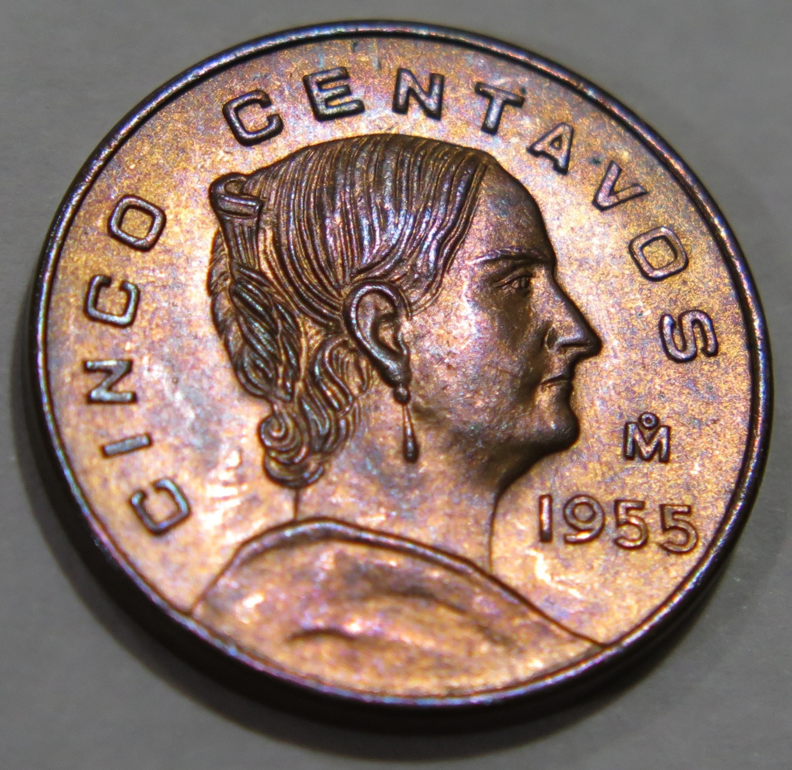 MEXICO 5 CENTAVOS 1955 JOSEFA DOMINGUEZ EAGLE SNAKE MEXICANOS COIN TONED 🌈⭐🌈