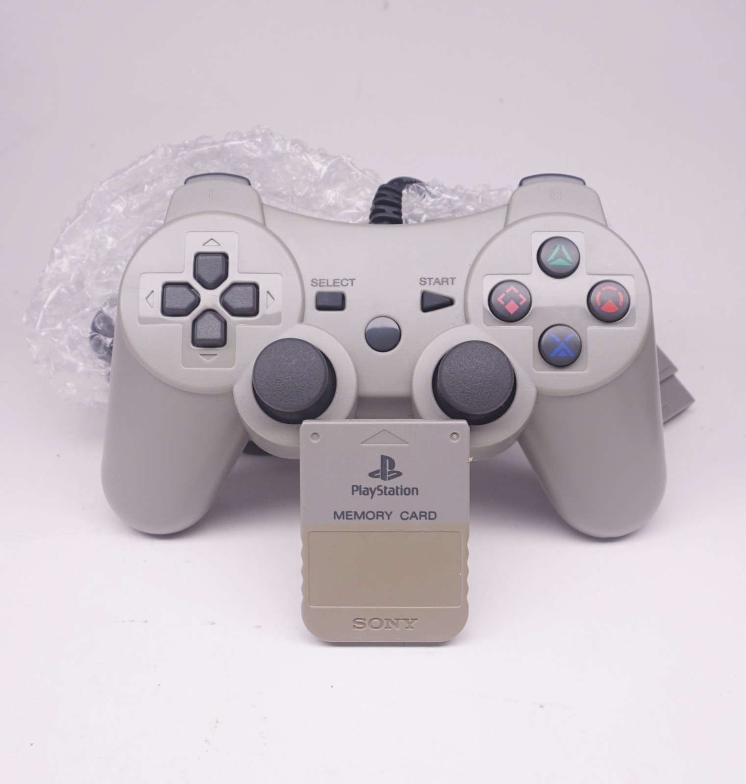 Sony Playstation 1 PS1 Gray OEM Memory Card + Aftermarket New Controller Set
