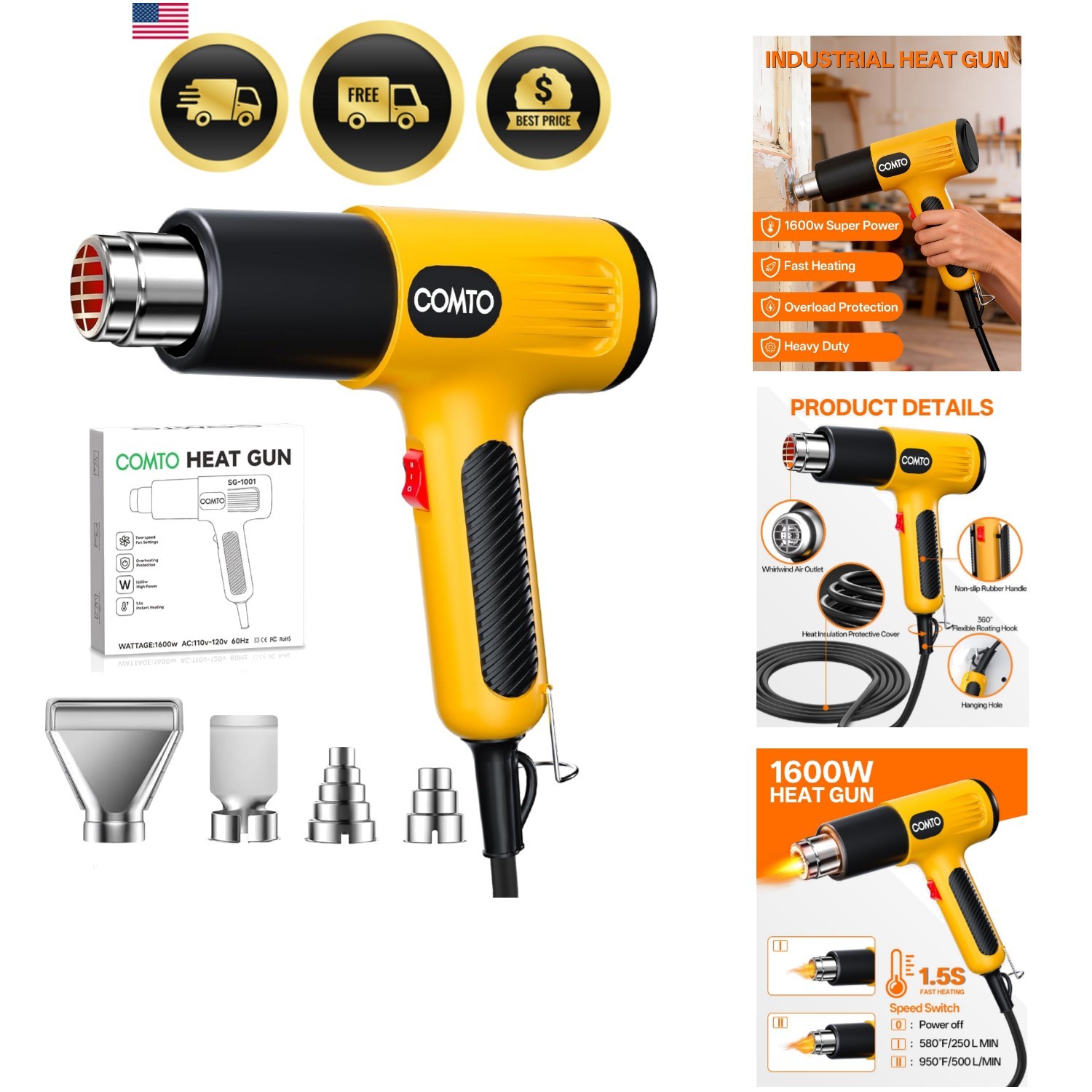 1600W Heat Gun, Hot Air Gun with 2 Temp Settings, 4 Nozzles, Overheat Protect...