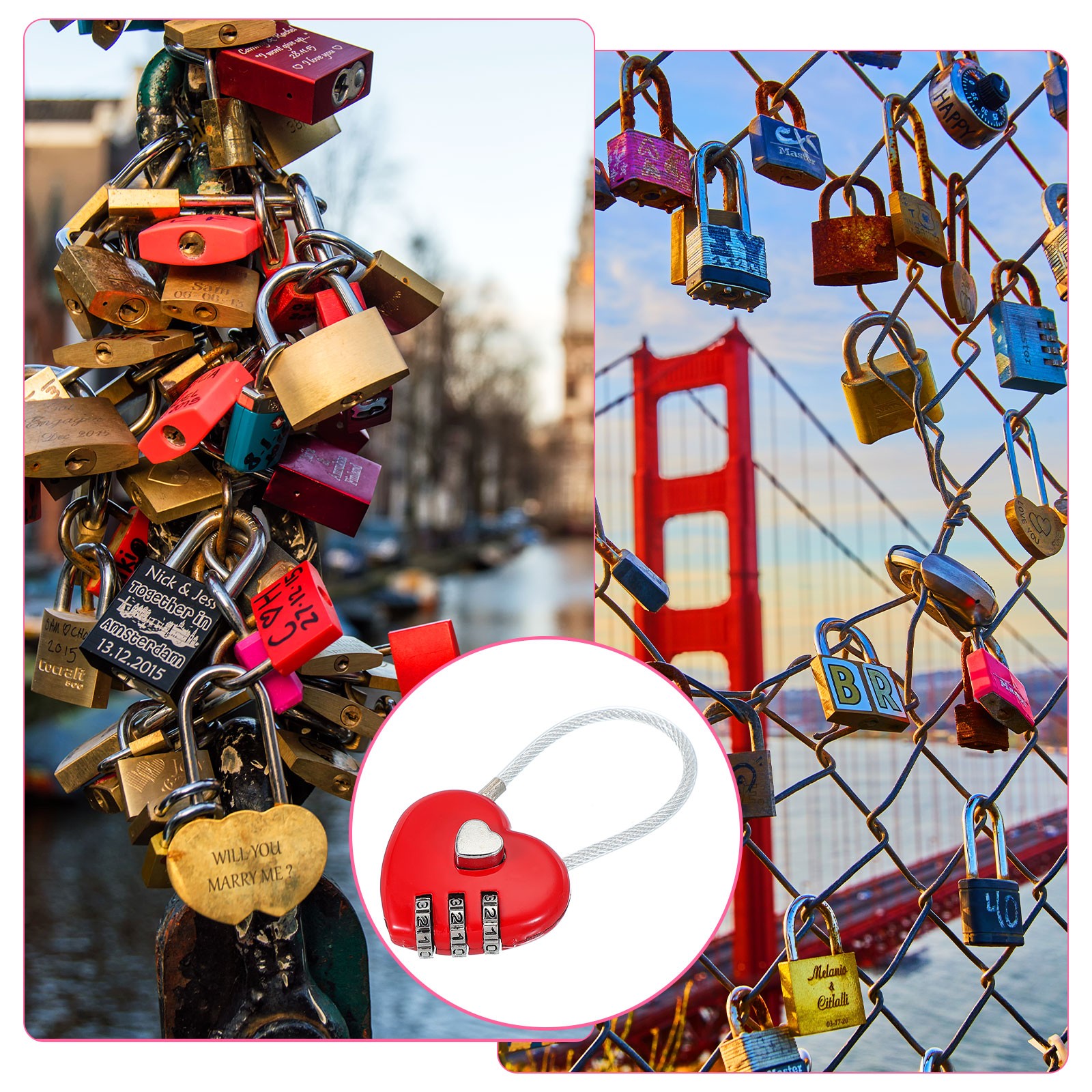 2 Pack Heart Padlock Heart Shape Love Lock Combination Lock Locker Locks Red