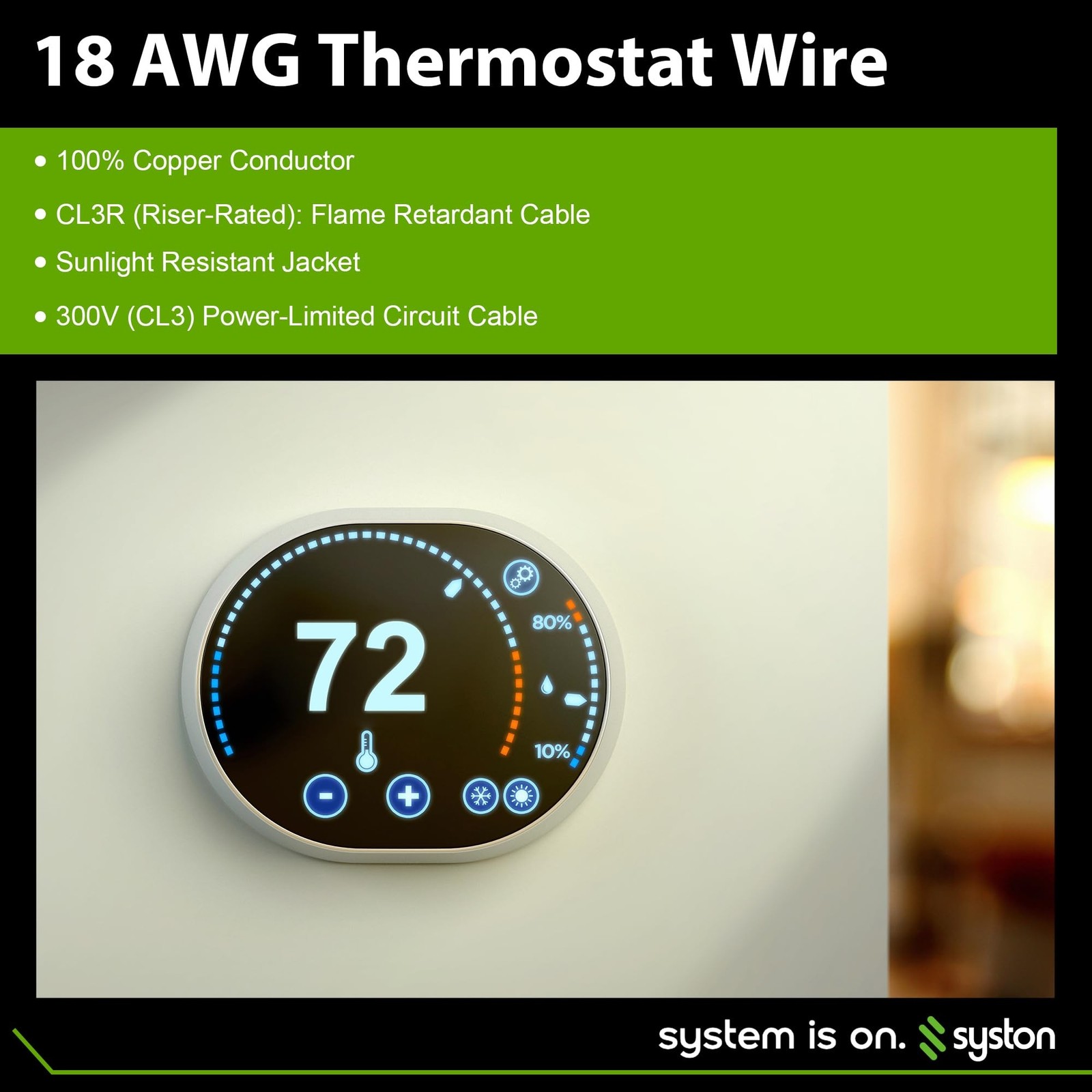 Syston 18/2 Thermostat Doorbell HVAC Heating Control Cable Wire, 100% Solid C...